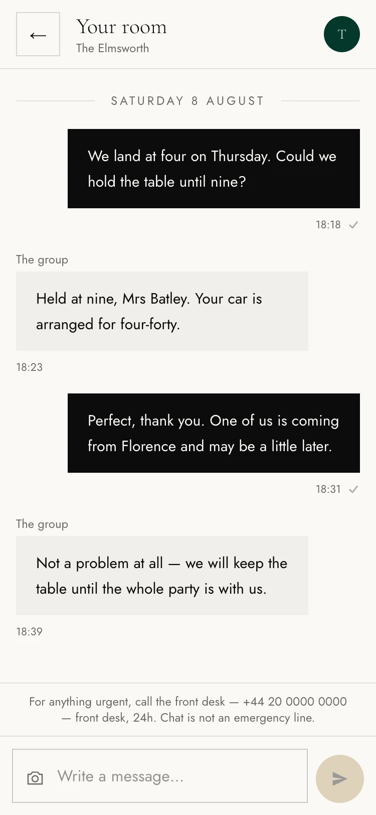 A guest and the concierge arranging a dinner table and a car, in the guest’s own chat thread on a phone.