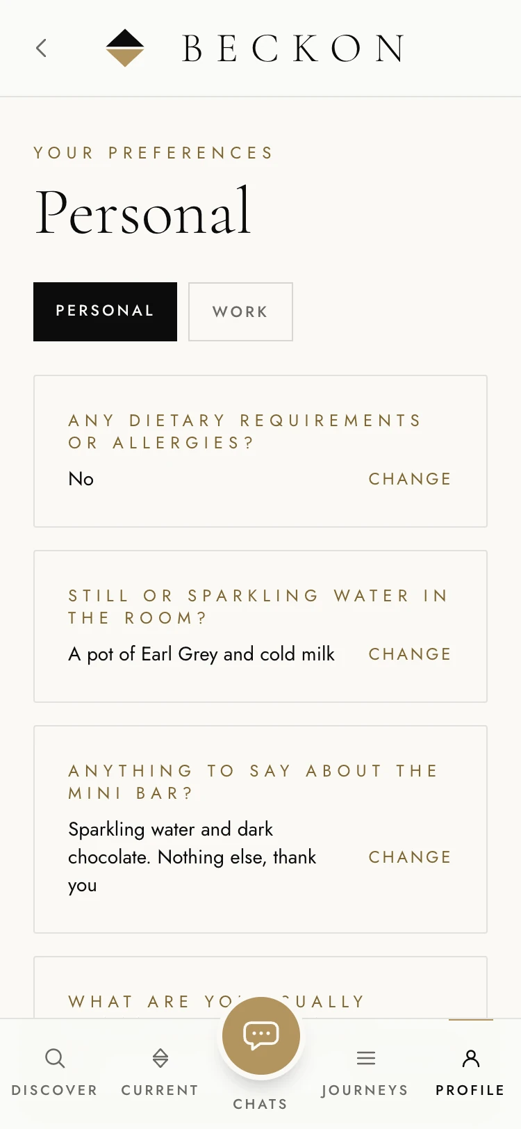A guest’s own preference profile on a phone — the tea they drink, what they want in the mini bar — kept by them rather than by the desk.