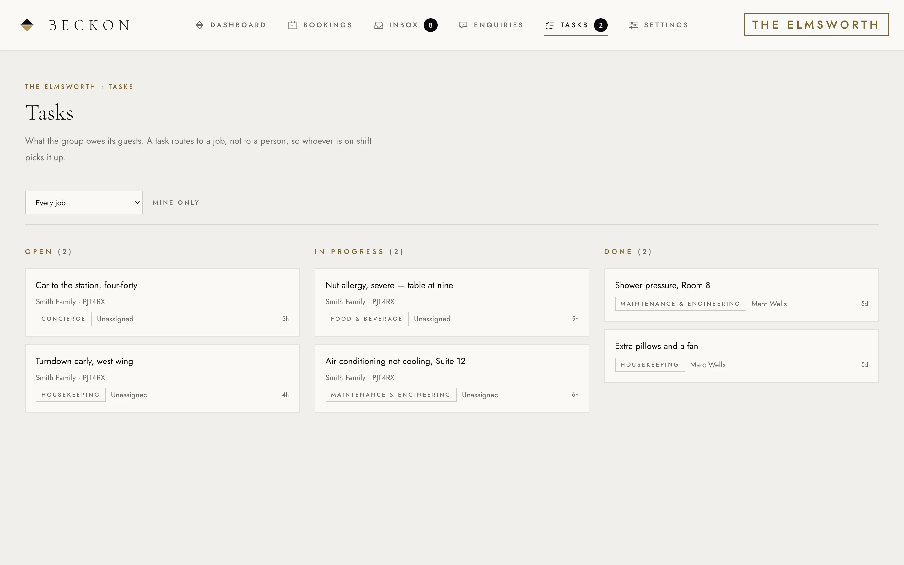 The team's task board — open, in progress and done — with each task routed to a desk rather than to a person.
